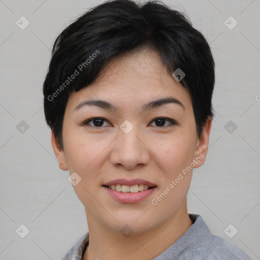 Joyful asian young-adult female with short  black hair and brown eyes