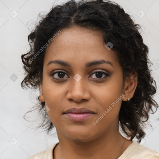 Joyful black young-adult female with medium  brown hair and brown eyes