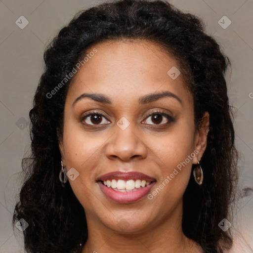 Joyful latino young-adult female with long  brown hair and brown eyes