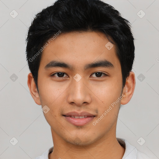 Neutral asian young-adult male with short  black hair and brown eyes