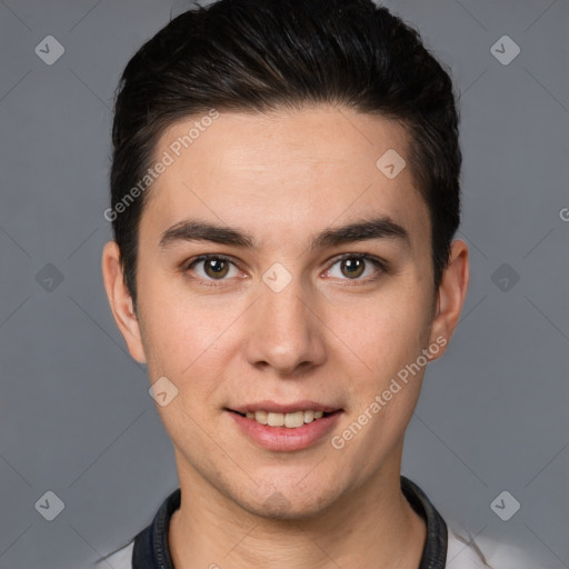 Joyful white young-adult male with short  brown hair and brown eyes