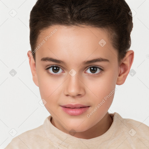 Joyful white child female with short  brown hair and brown eyes