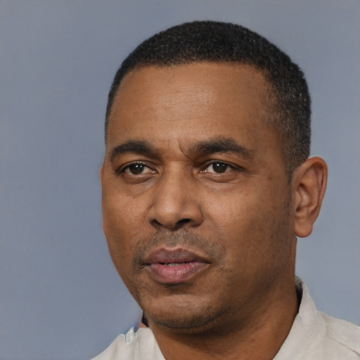 Neutral black adult male with short  black hair and brown eyes