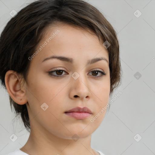 Neutral white young-adult female with medium  brown hair and brown eyes