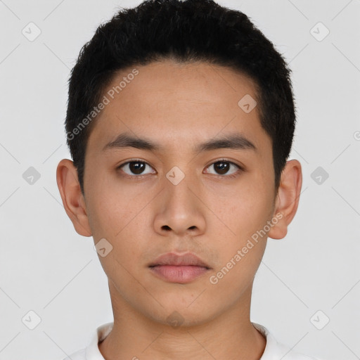 Neutral asian young-adult male with short  brown hair and brown eyes