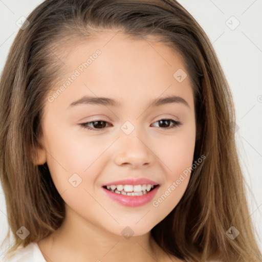 Joyful white child female with long  brown hair and brown eyes