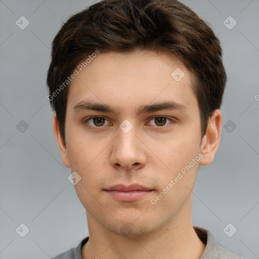 Neutral white young-adult male with short  brown hair and brown eyes