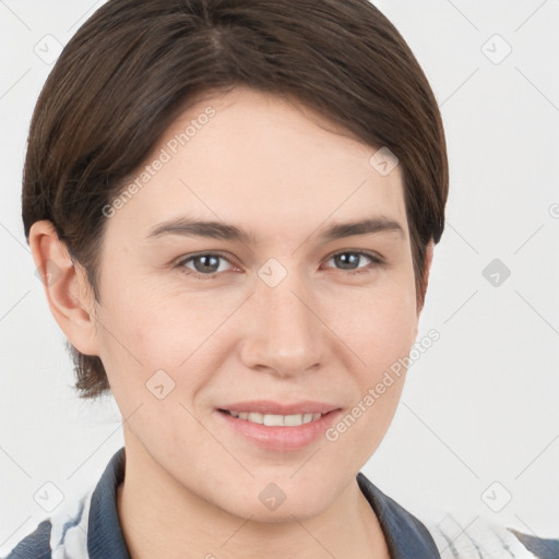 Joyful white young-adult female with short  brown hair and brown eyes