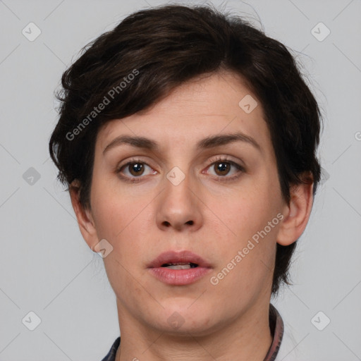 Neutral white young-adult female with short  brown hair and brown eyes