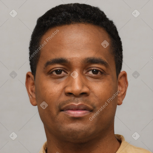 Neutral black young-adult male with short  black hair and brown eyes
