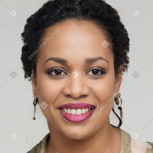 Joyful latino young-adult female with long  brown hair and brown eyes