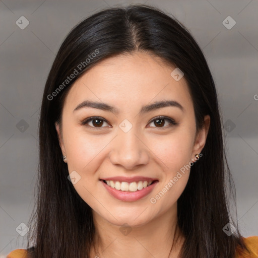 Joyful white young-adult female with long  brown hair and brown eyes