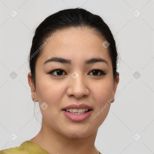 Joyful asian young-adult female with short  brown hair and brown eyes