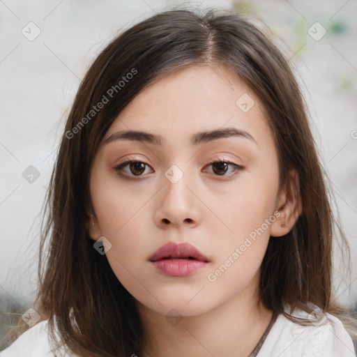 Neutral white young-adult female with medium  brown hair and brown eyes