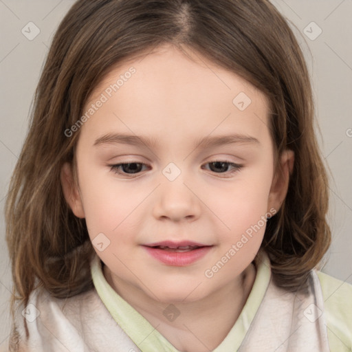 Joyful white child female with medium  brown hair and brown eyes