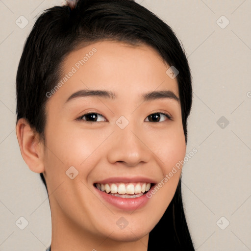 Joyful white young-adult female with long  brown hair and brown eyes