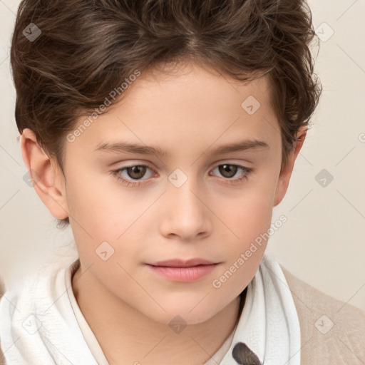 Joyful white child female with short  brown hair and brown eyes