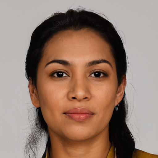 Neutral latino young-adult female with medium  black hair and brown eyes