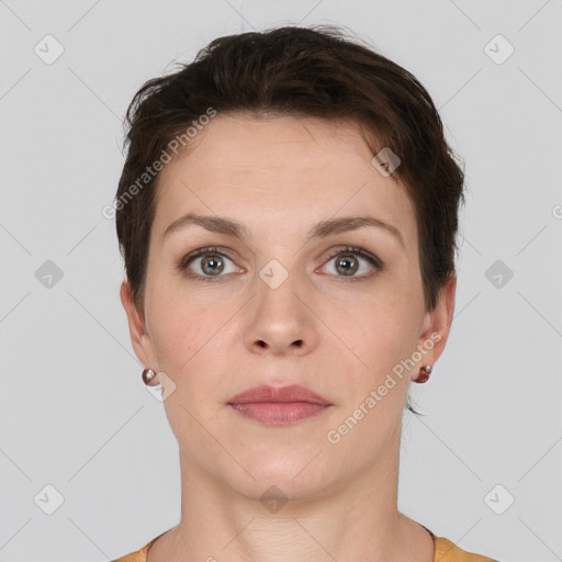 Neutral white young-adult female with short  brown hair and brown eyes