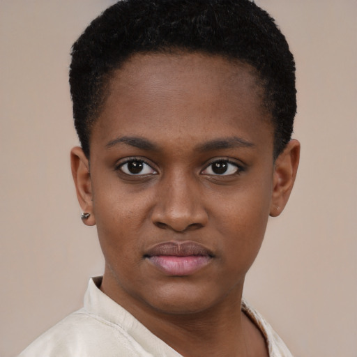 Neutral black young-adult female with short  brown hair and brown eyes