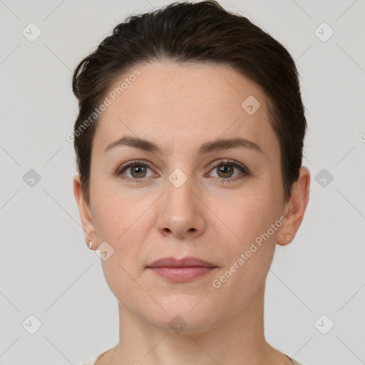 Neutral white young-adult female with short  brown hair and brown eyes