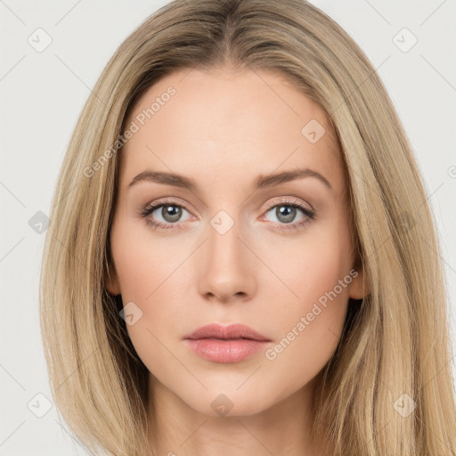 Neutral white young-adult female with long  brown hair and brown eyes