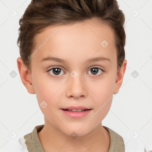 Joyful white child female with short  brown hair and brown eyes