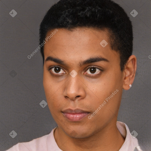 Neutral black young-adult male with short  black hair and brown eyes