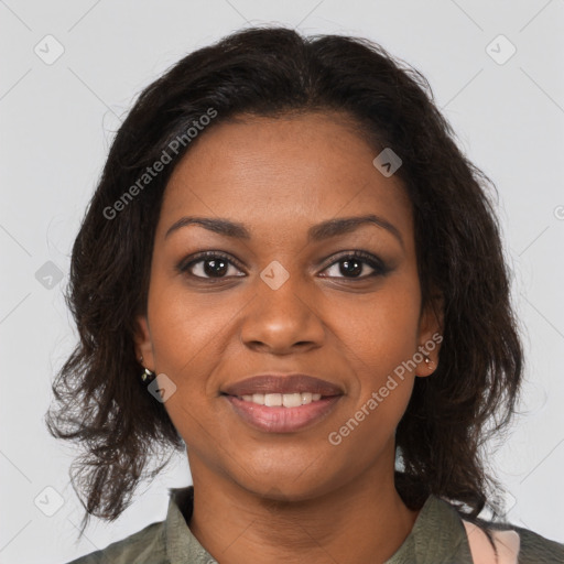 Joyful black young-adult female with medium  brown hair and brown eyes