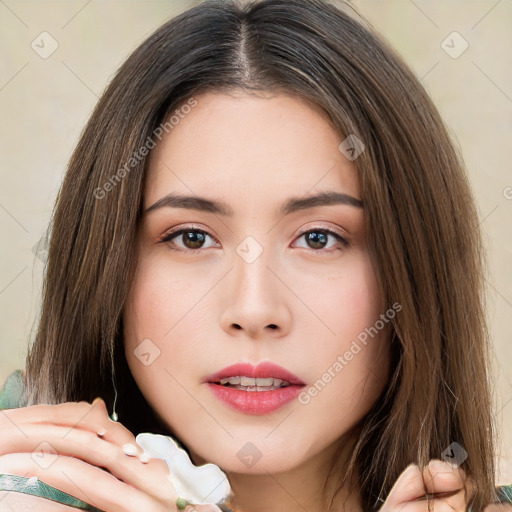 Neutral white young-adult female with long  brown hair and brown eyes