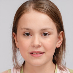 Joyful white child female with medium  brown hair and brown eyes