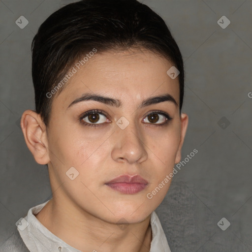 Joyful white young-adult female with short  brown hair and brown eyes