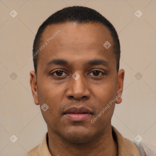 Neutral latino young-adult male with short  black hair and brown eyes