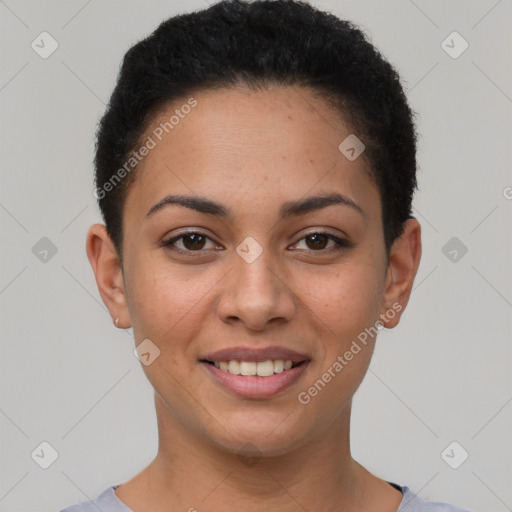 Joyful white young-adult female with short  brown hair and brown eyes