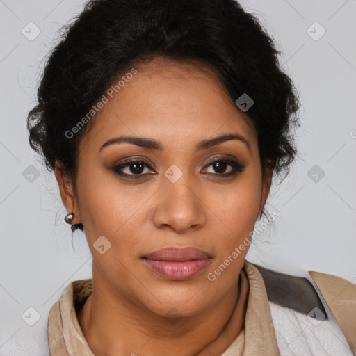 Joyful latino young-adult female with short  brown hair and brown eyes