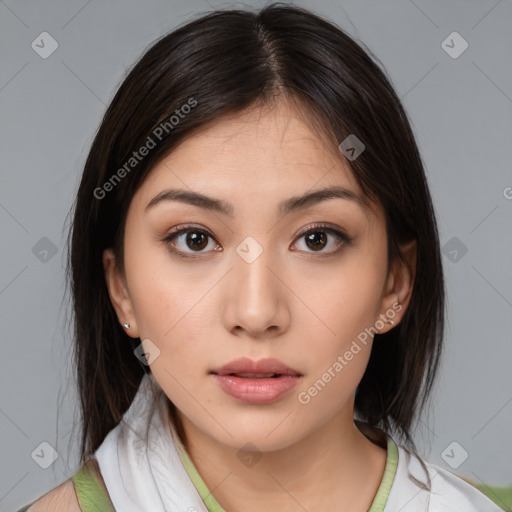 Neutral white young-adult female with medium  brown hair and brown eyes