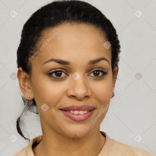 Joyful latino young-adult female with short  brown hair and brown eyes