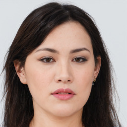 Neutral asian young-adult female with long  brown hair and brown eyes