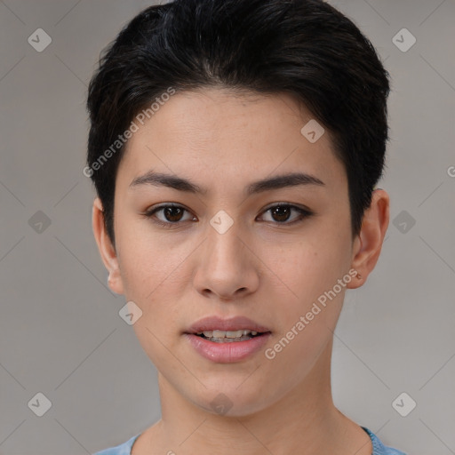 Joyful white young-adult female with short  brown hair and brown eyes