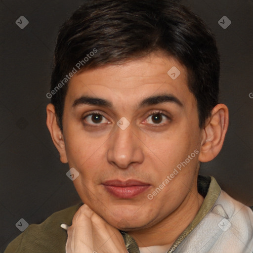 Joyful white adult male with short  brown hair and brown eyes