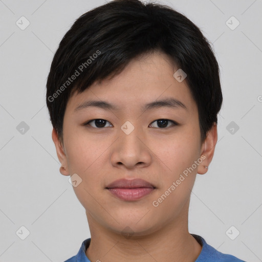 Neutral asian young-adult female with short  black hair and brown eyes