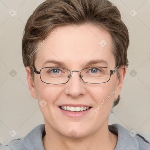 Joyful white adult female with short  brown hair and grey eyes