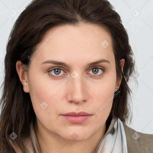 Neutral white young-adult female with long  brown hair and grey eyes