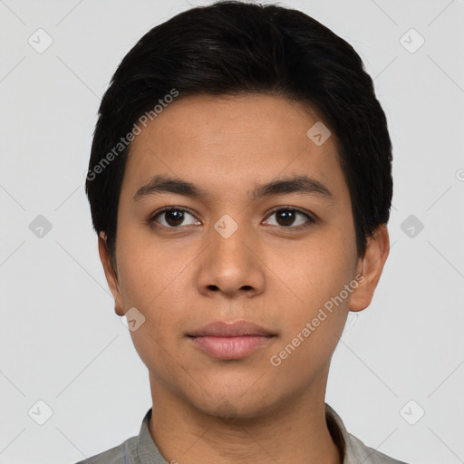 Neutral asian young-adult male with short  black hair and brown eyes