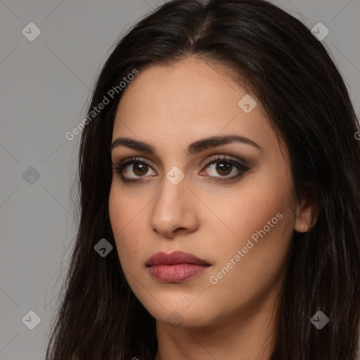 Neutral white young-adult female with long  brown hair and brown eyes