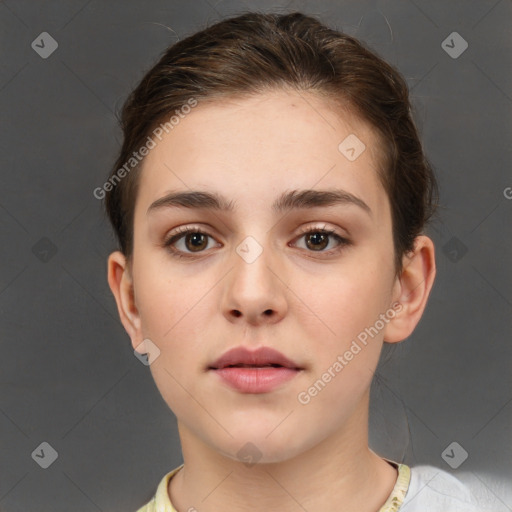 Neutral white young-adult female with short  brown hair and brown eyes