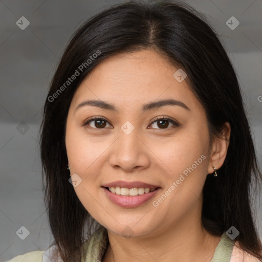 Joyful white young-adult female with medium  brown hair and brown eyes