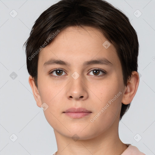 Neutral white young-adult female with short  brown hair and brown eyes