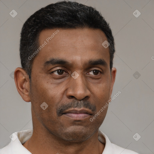 Neutral latino adult male with short  black hair and brown eyes