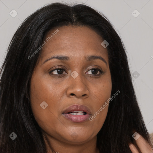 Joyful asian young-adult female with long  brown hair and brown eyes